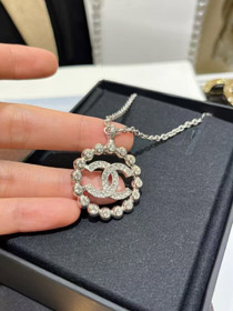 Chanel or plein diamant double C creux rond collier-3748